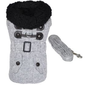 Grey Herringbone Designer Harness Coat and Matching Leash (size: small)
